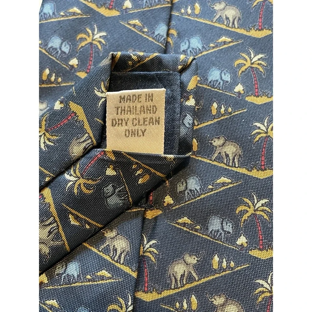 Jim Thompson Silk‎ Mens Tie Elephants Palm Trees Blue Thailand 3.5